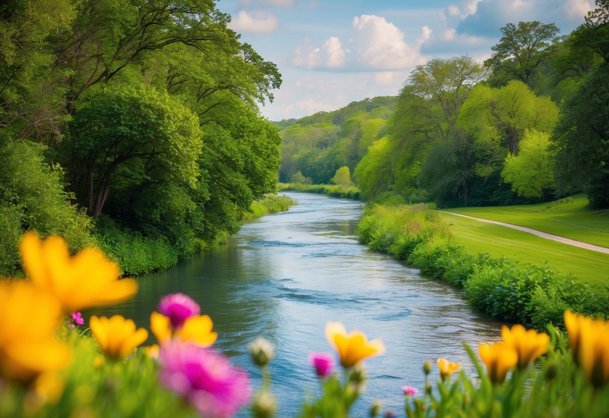 Eine friedliche Landschaft mit einem ruhigen Fluss, der durch üppiges Grün fließt, und bunten Blumen, die im Vordergrund blühen.