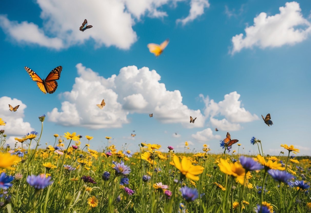 Ein ruhiges, offenes Feld mit bunten Blumen und Schmetterlingen, die umherflattern, unter einem klaren blauen Himmel mit flauschigen weißen Wolken.