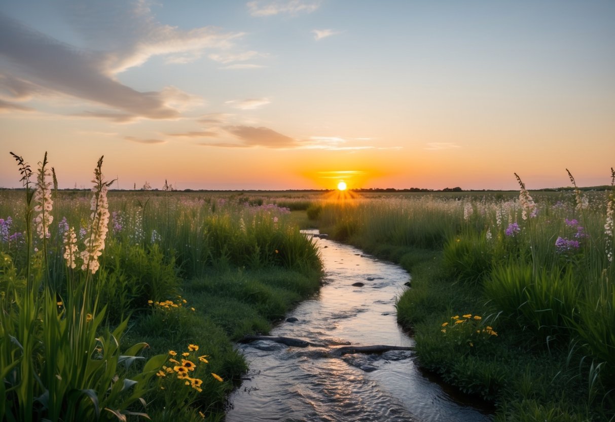 Ein ruhiges, offenes Feld bei Sonnenuntergang mit einem friedlichen Bach, der hindurchfließt, umgeben von blühenden Wildblumen und hohen, schwingenden Gräsern