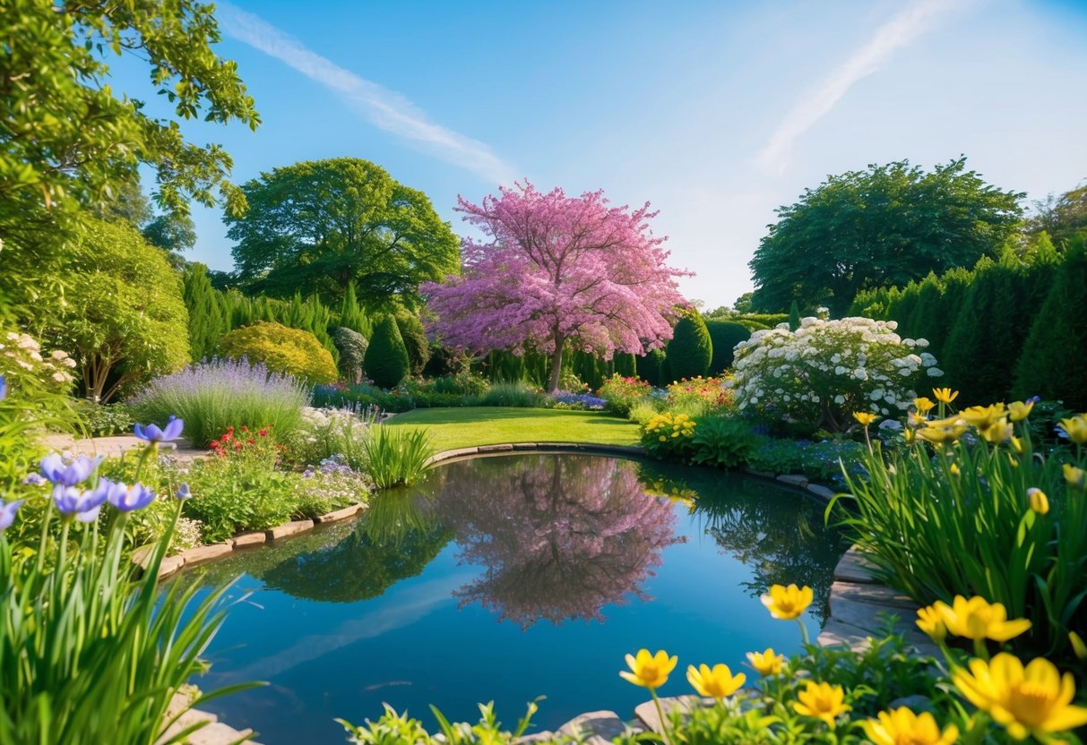 Ein ruhiger Garten mit blühenden Blumen und einem friedlichen Teich, umgeben von üppigem Grün und einem klaren blauen Himmel.