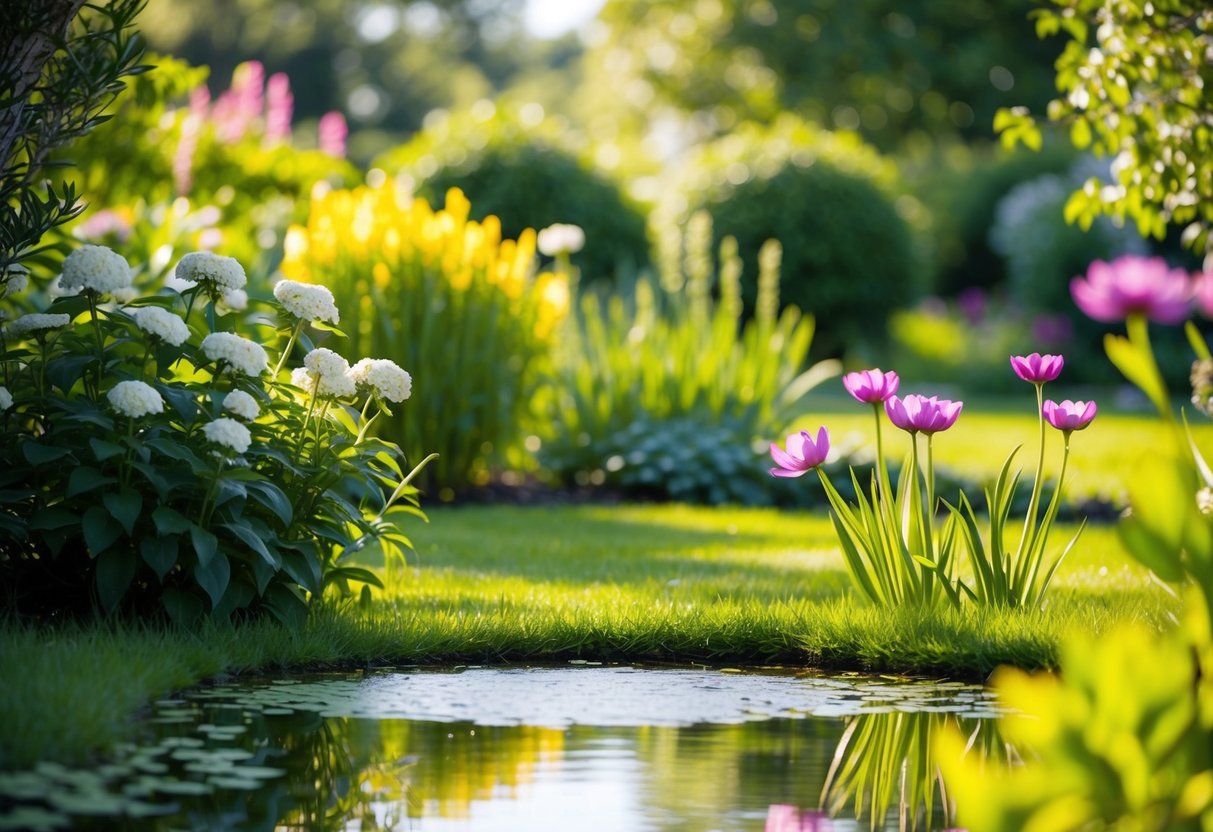 Ein ruhiger, sonniger Garten mit blühenden Blumen und einem friedlichen Teich, umgeben von üppigem Grün. Eine Atmosphäre der Ruhe und Zufriedenheit strahlt von der Szene aus.