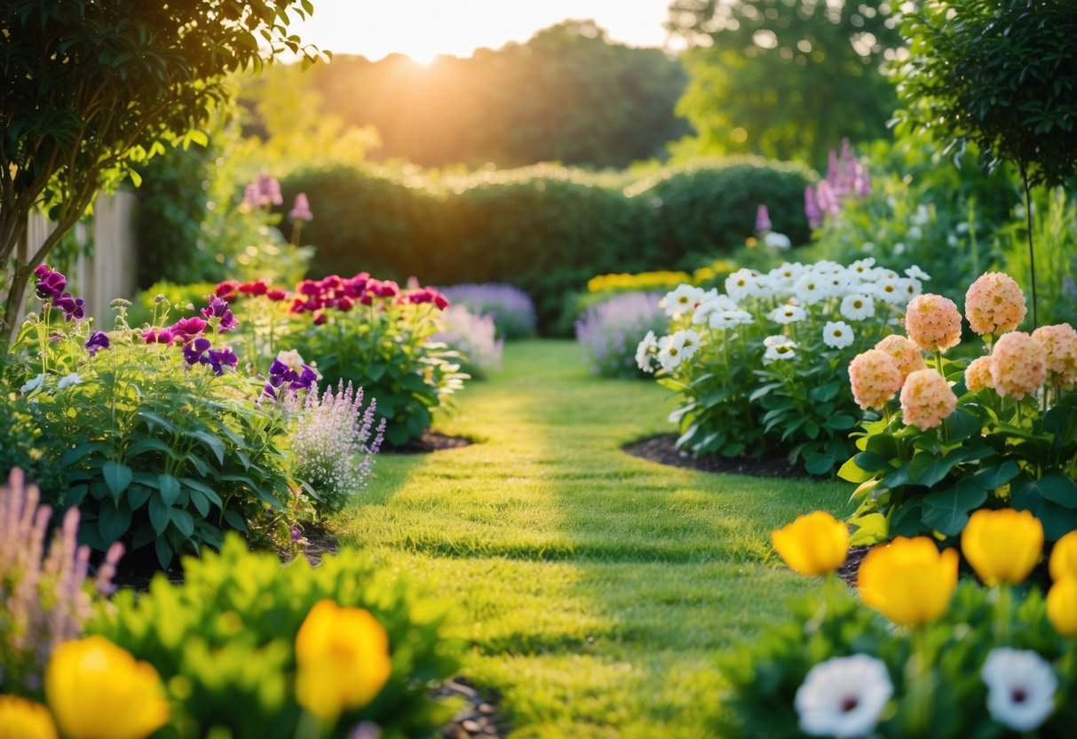 Ein friedlicher Garten mit 12 verschiedenen Blumenarten, die blühen, umgeben von üppigem Grün und im warmen Sonnenlicht getaucht.