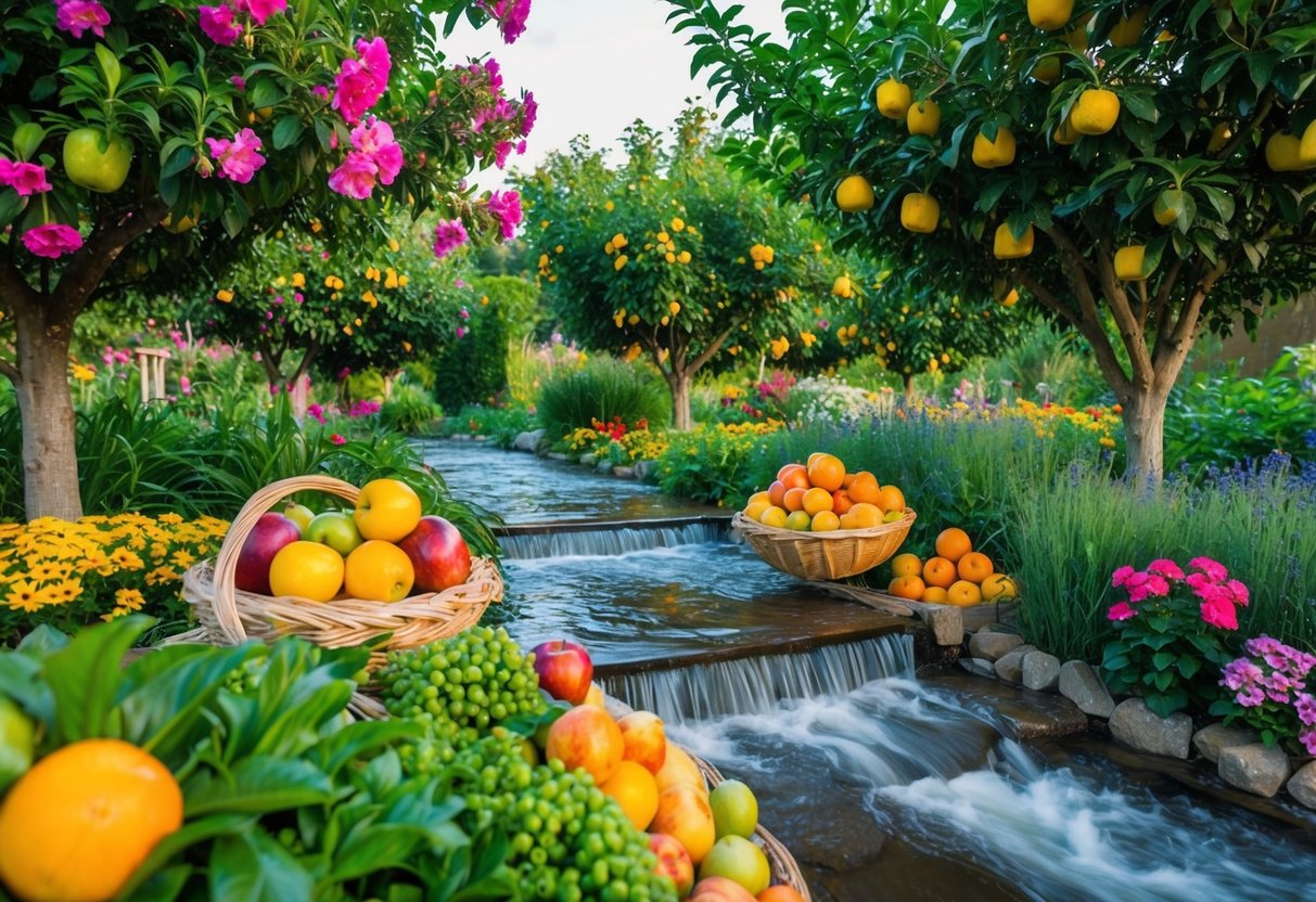 Ein üppiger Garten mit blühenden Blumen, reifen Obstbäumen und fließendem Wasser. Überfließendes Füllhorn und reiche Ernte