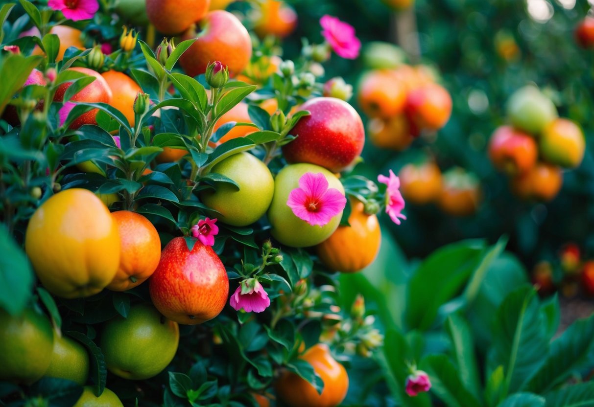 Ein Garten, der vor reifen Früchten und lebhaften Blumen überquillt