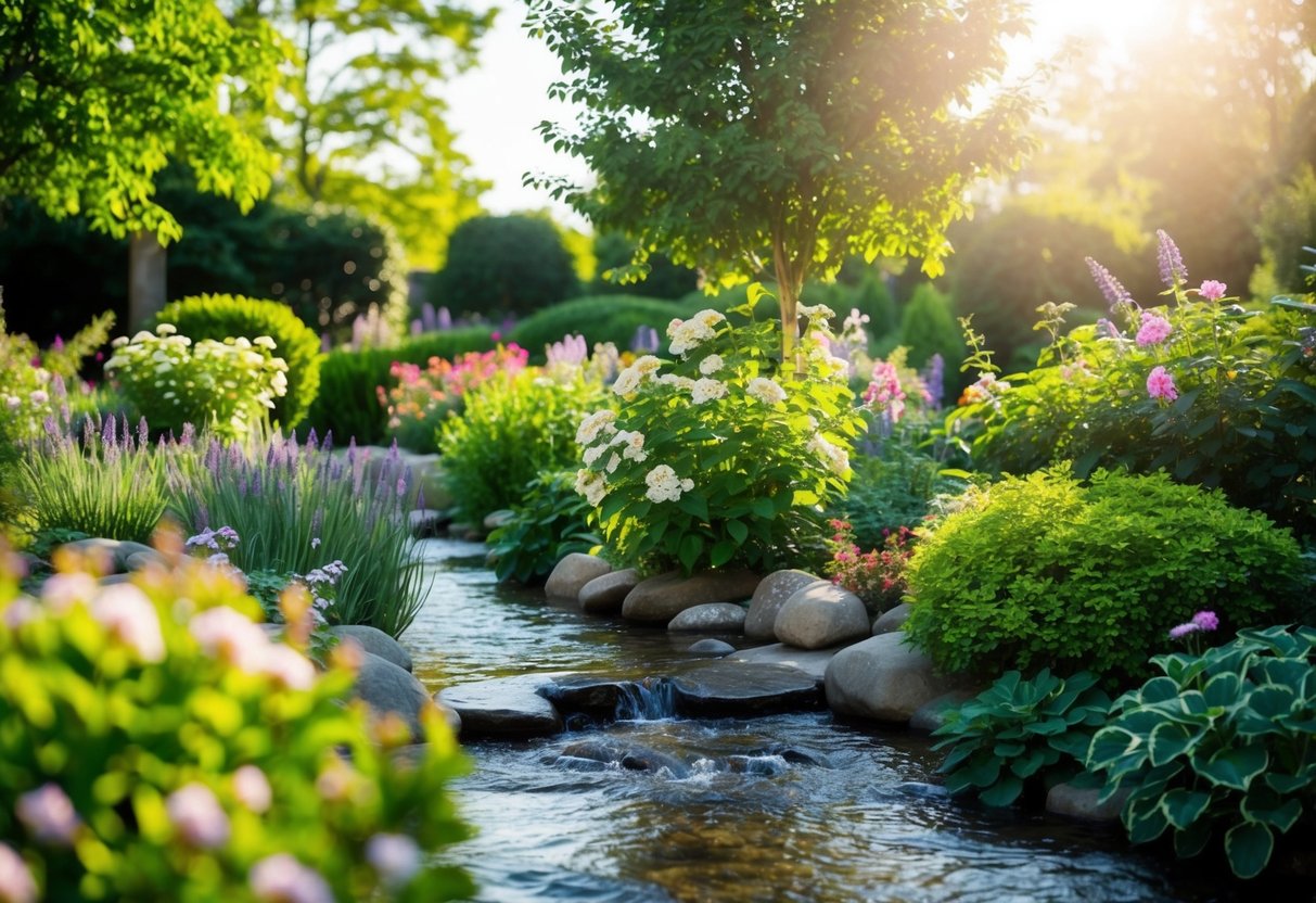 Ein ruhiger, sonniger Garten mit blühenden Blumen und üppigem Grün, umgeben von einem friedlichen, fließenden Bach.