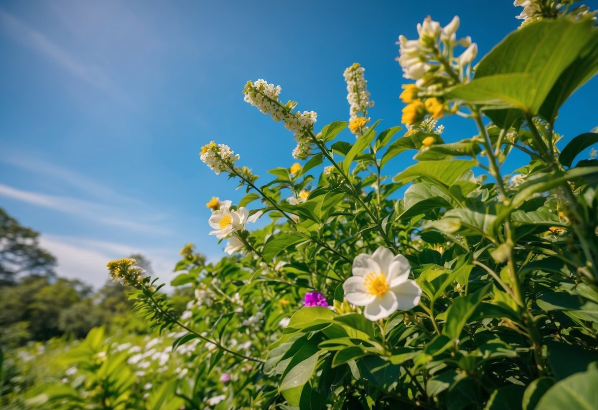 Eine ruhige Naturszene mit üppigem Grün, blühenden Blumen und einem klaren blauen Himmel, die Gefühle von Fülle und Positivität hervorruft.