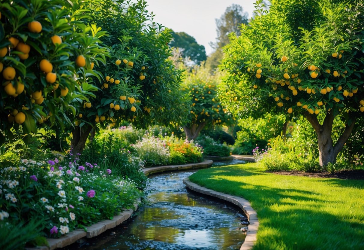 Ein üppiger Garten mit überquellenden Obstbäumen und blühenden Blumen. Ein funkelnder Bach schlängelt sich durch die Szene und spiegelt den Überfluss wider.