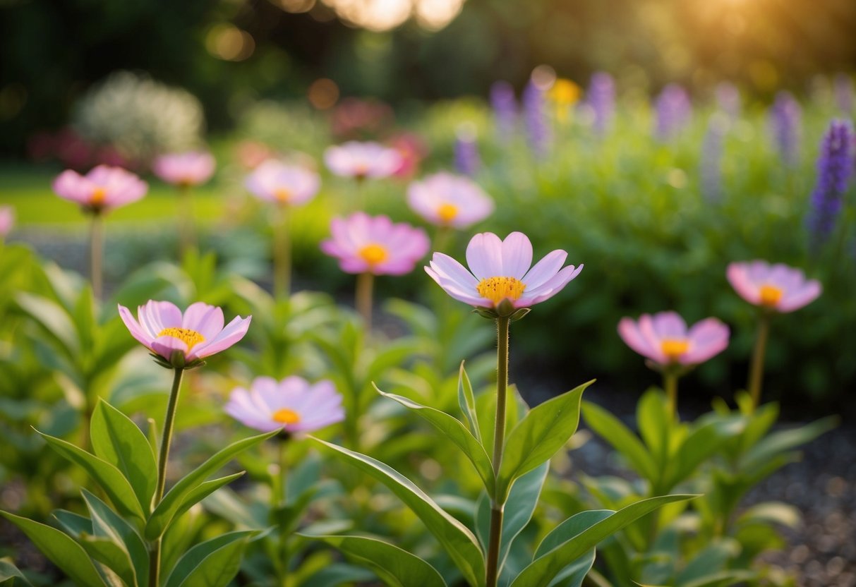 Ein ruhiger Garten mit 12 blühenden Blumen und einer friedlichen Atmosphäre