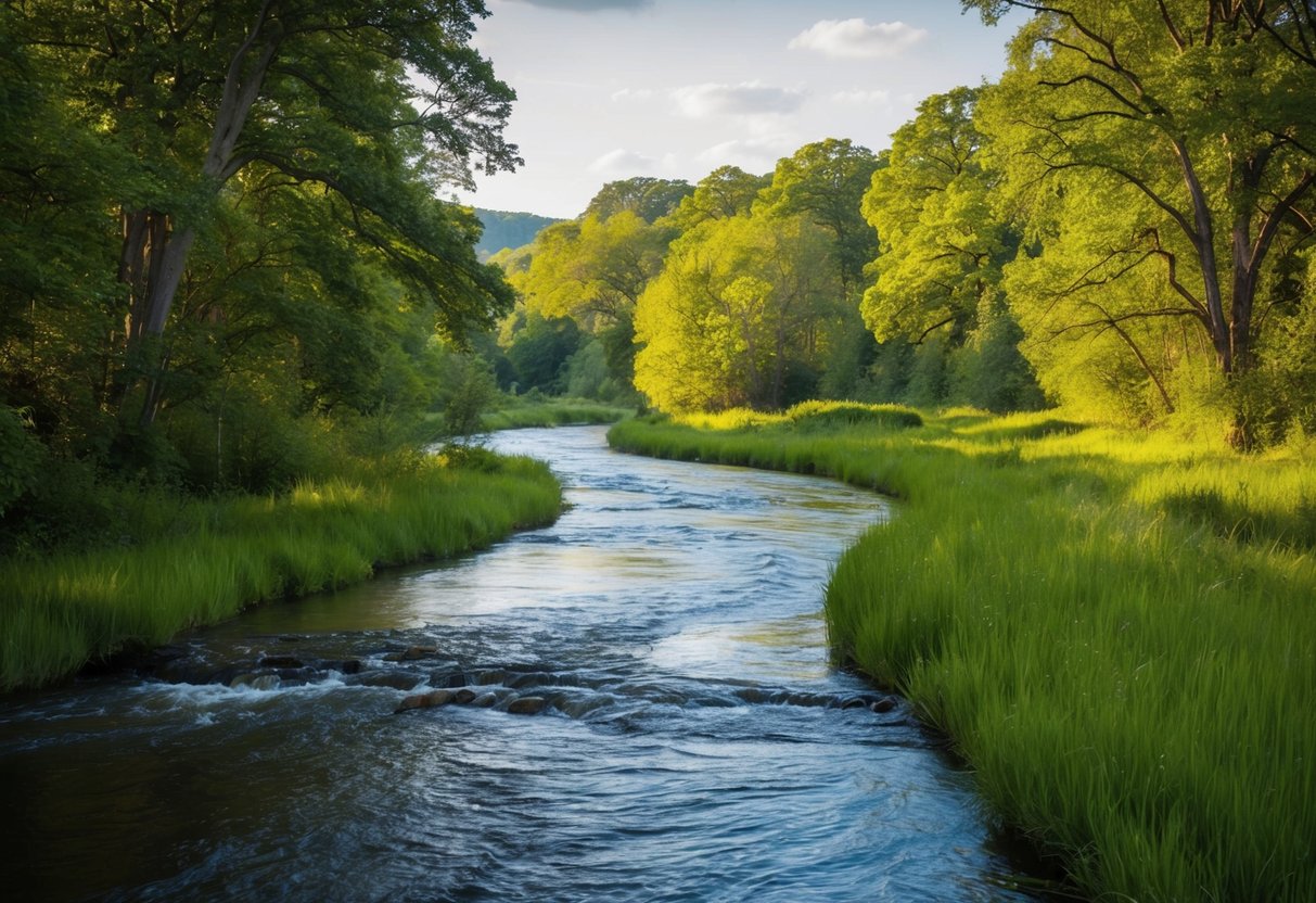 Ein ruhiger Fluss, der durch eine üppige, grüne Landschaft fließt, umgeben von Bäumen und Wildtieren.