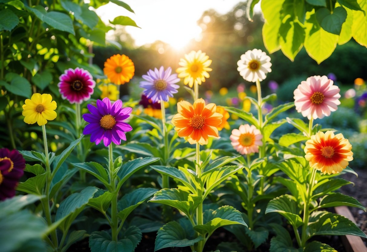 Ein Garten mit 12 blühenden Blumen in verschiedenen Farben und Größen, umgeben von üppigem Grün und Sonnenlicht, das durch die Blätter strömt.