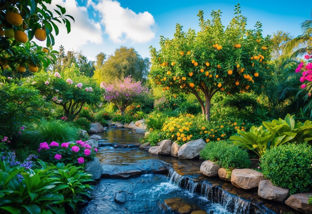 Ein üppiger Garten mit blühenden Blumen und zahlreichen Obstbäumen, umgeben von fließendem Wasser und lebendiger Tierwelt.