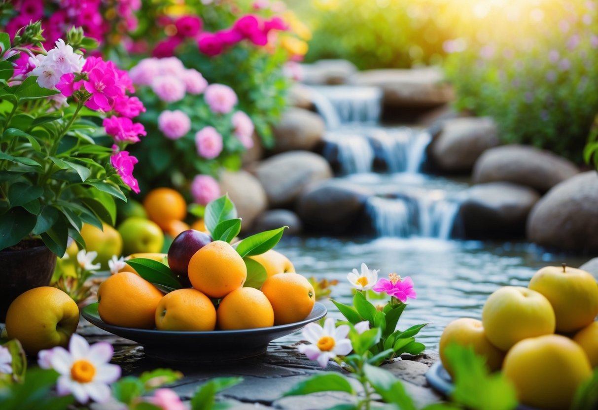 Ein ruhiger Garten mit blühenden Blumen, reifen Früchten und fließendem Wasser, das Fülle und Wohlstand symbolisiert.