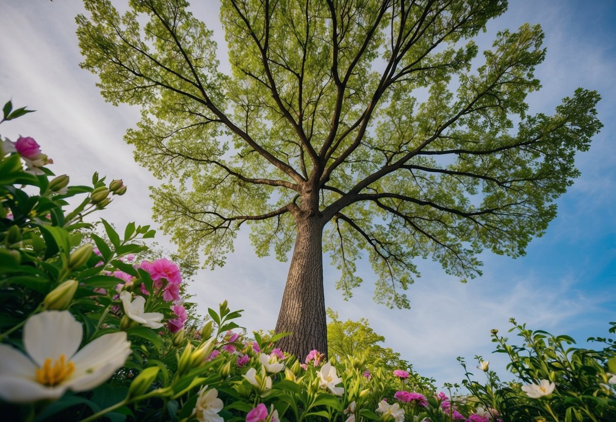 Ein Baum, der hoch und stark wächst, dessen Äste gen Himmel ragen, umgeben von blühenden Blumen und lebhaftem Grün.