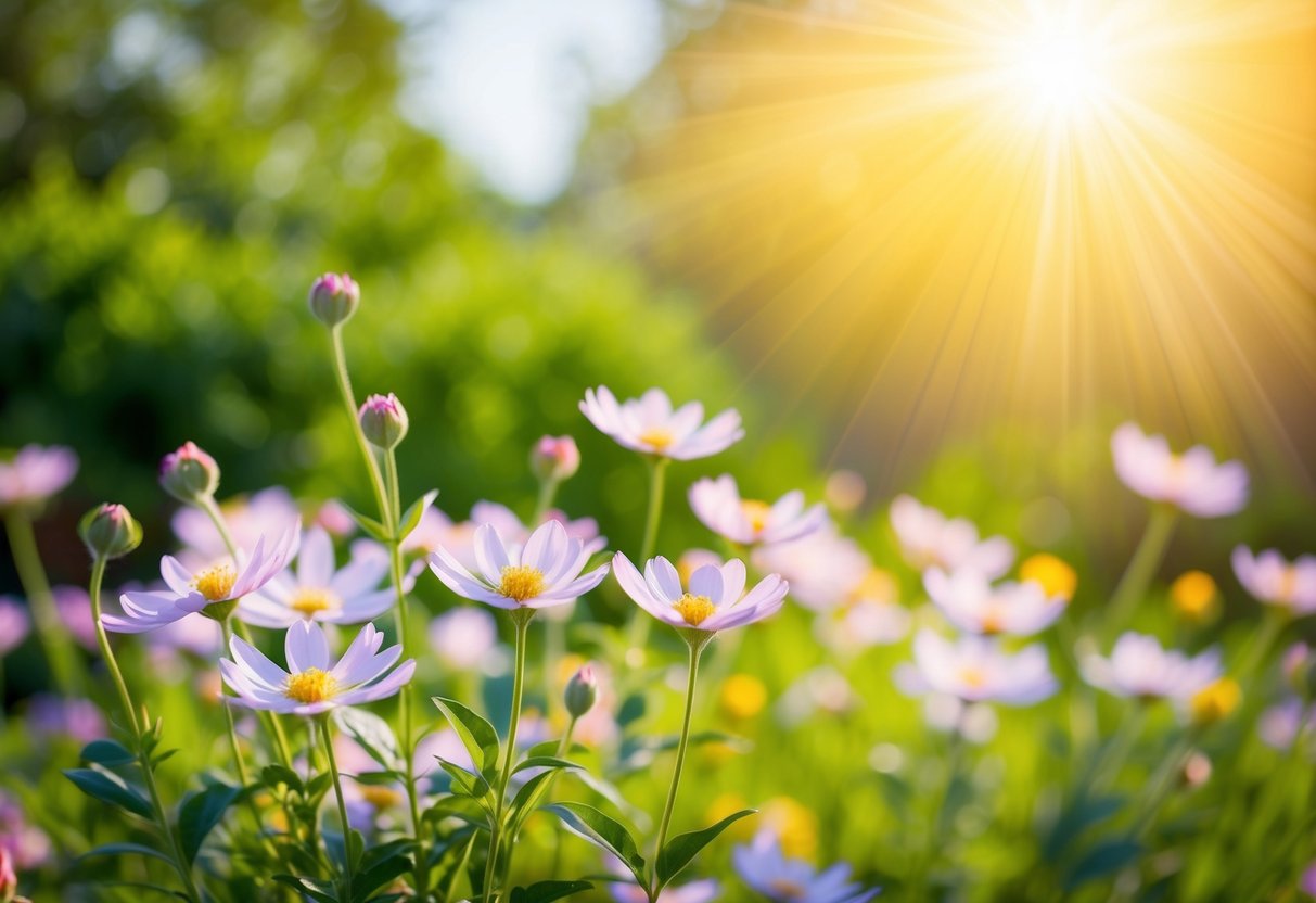 Ein ruhiger Garten mit blühenden Blumen und einer sanften Brise, die Wärme und Licht ausstrahlt.