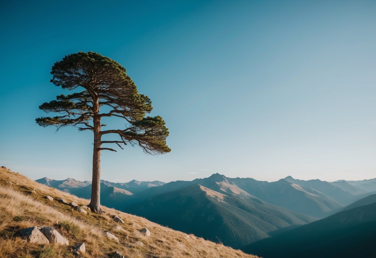 Eine ruhige Berglandschaft mit einem klaren, blauen Himmel und einem einzelnen Baum, der hoch und stark steht.