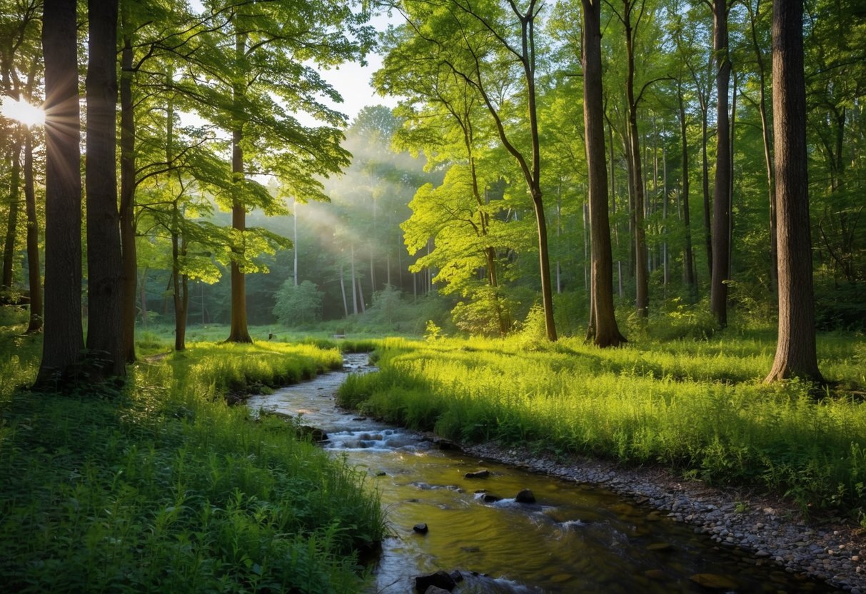 Eine ruhige Lichtung im Wald mit geflecktem Sonnenlicht, das durch die Bäume filtert, einem kleinen Bach, der in der Nähe plätschert, und dem Gesang der Vögel, der die Luft erfüllt.