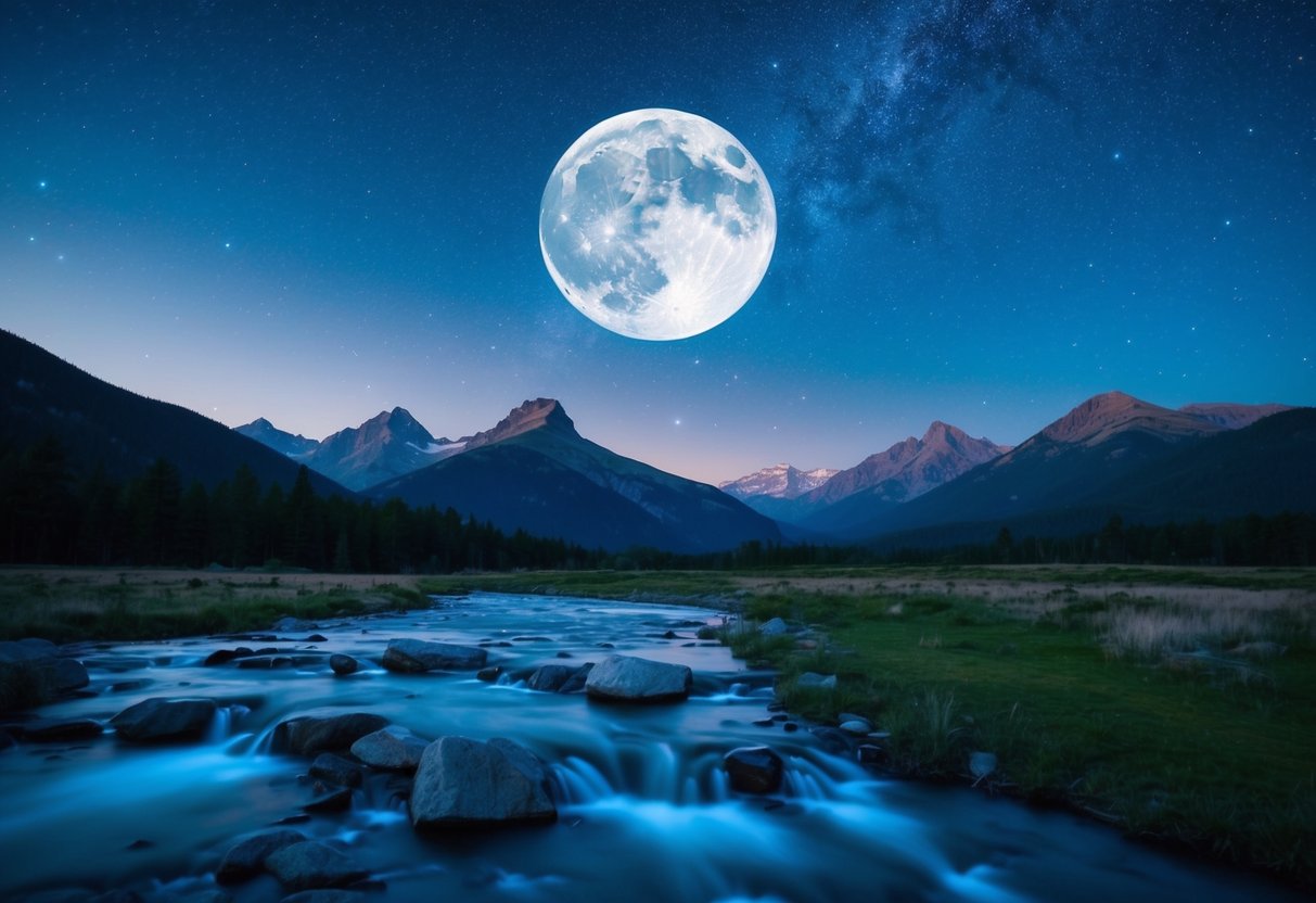 Ein ruhiger, sternenfüllter Nachthimmel mit einem Vollmond und einer friedlichen Landschaft aus Bergen und fließendem Wasser