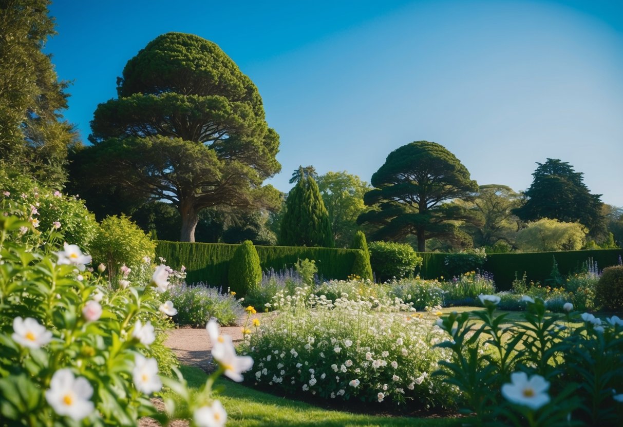 Ein ruhiger Garten mit blühenden Blumen und einer sanften Brise, umgeben von hohen Bäumen und einem klaren blauen Himmel