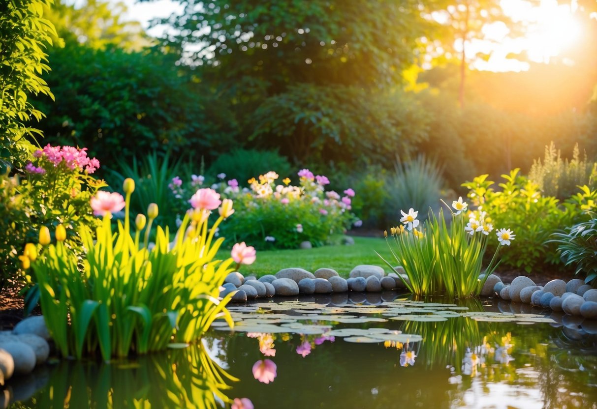 Ein ruhiger Garten mit blühenden Blumen und einem stillen Teich, umgeben von üppigem Grün. Die Sonne scheint und wirft ein warmes, goldenes Licht über die friedliche Szene.