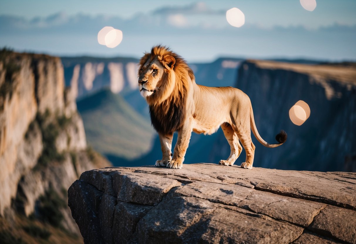 Ein mächtiger Löwe, der stolz auf einer felsigen Klippe steht und furchtlos in die Ferne blickt.