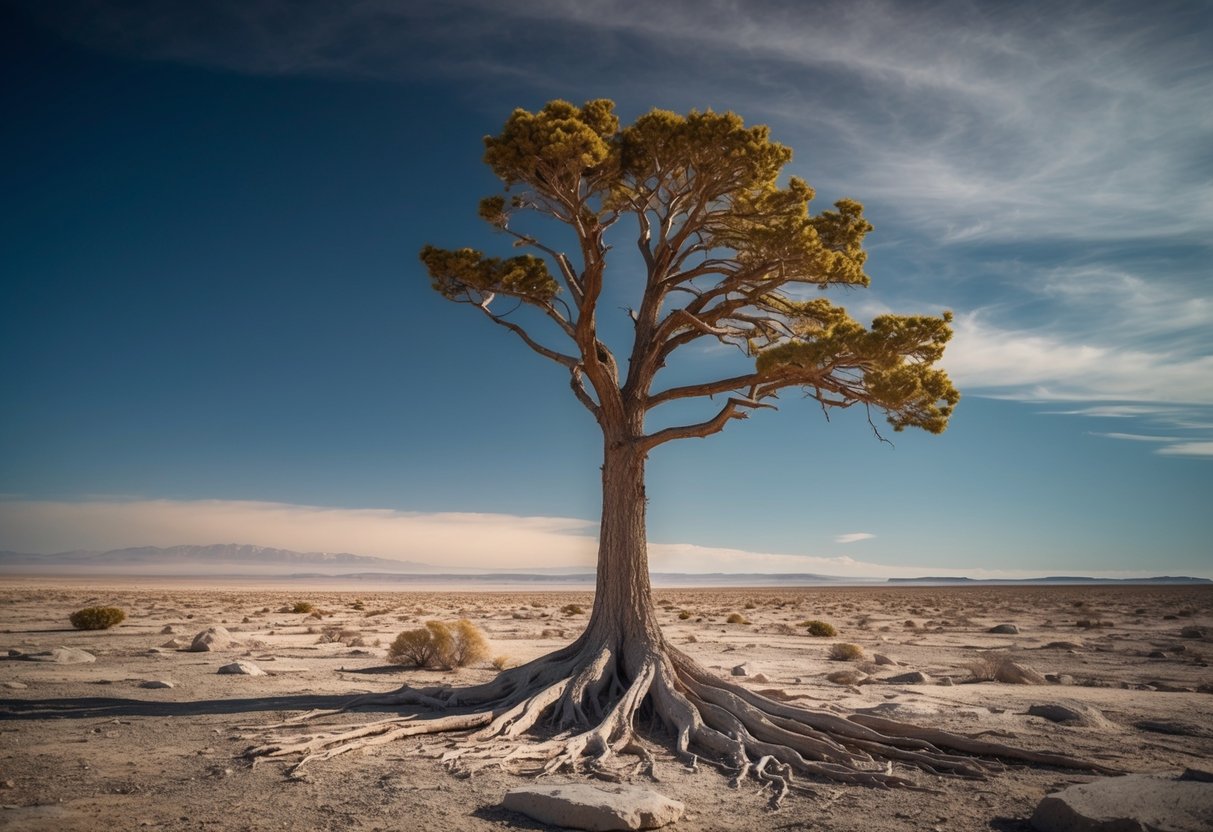 Ein einzelner Baum steht hoch inmitten einer kargen Landschaft, seine Wurzeln graben sich tief in den felsigen Boden, während er den harten Winden und dem rauen Wetter standhält.