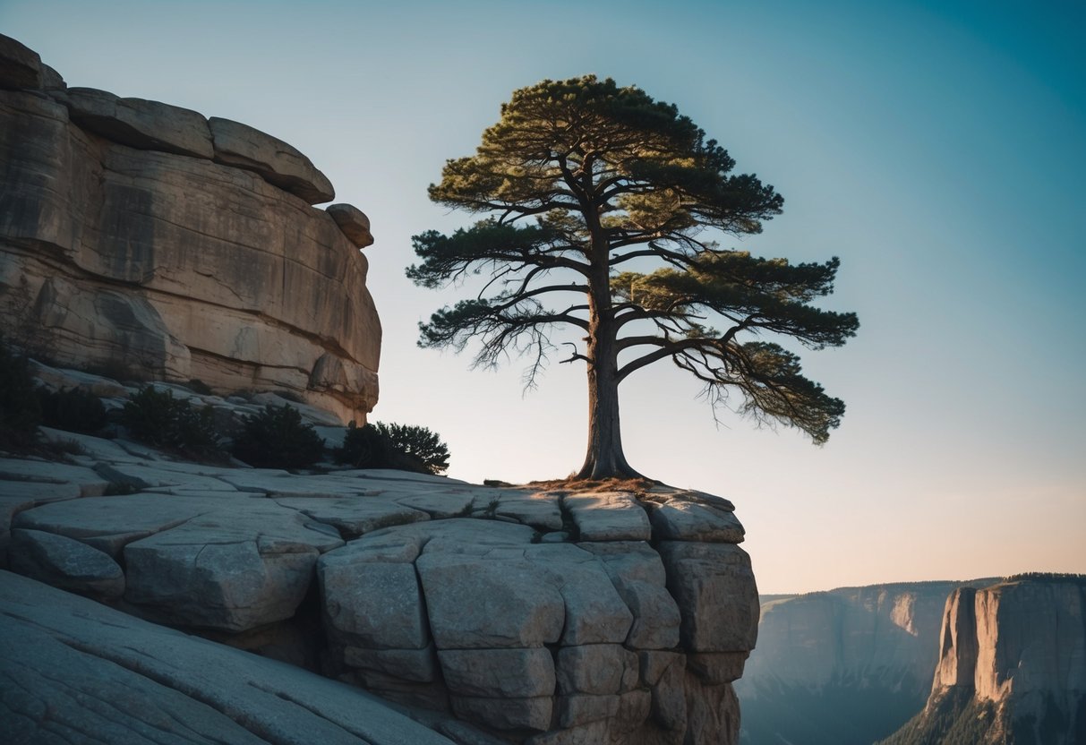 Ein einzelner Baum steht hoch auf einer felsigen Klippe, mit seinen Wurzeln fest im Boden verankert, was Stärke und Widerstandsfähigkeit symbolisiert.