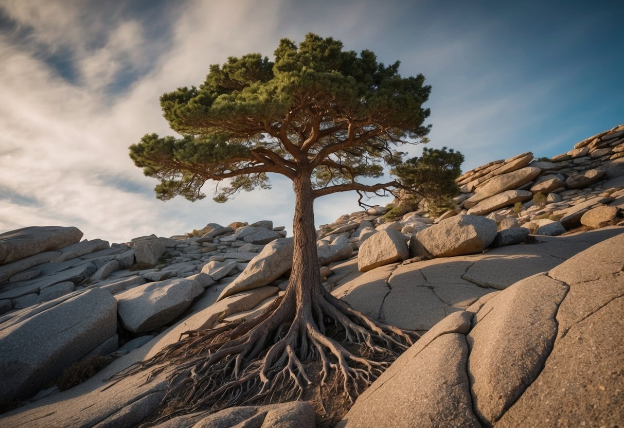 Ein einsamer Baum wächst stark inmitten von felsigem Gelände, seine Wurzeln graben sich tief in die Erde.