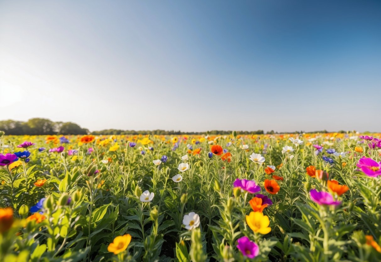 Ein friedliches, offenes Feld mit bunten Blumen, die unter einem hellen, klaren Himmel blühen.