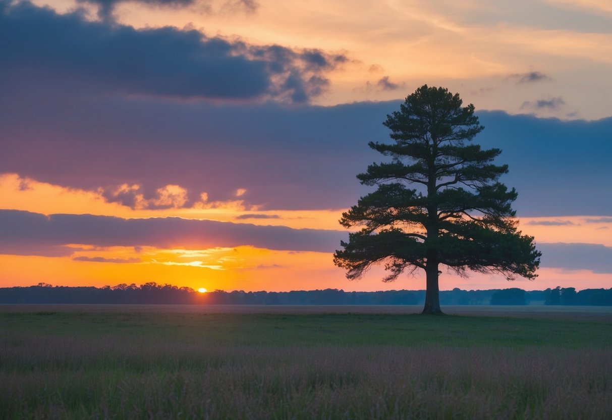 Eine friedliche Landschaft mit einem bunten Sonnenuntergang und einem einsamen Baum, der stolz steht und Dankbarkeit sowie mentale Stärke symbolisiert.