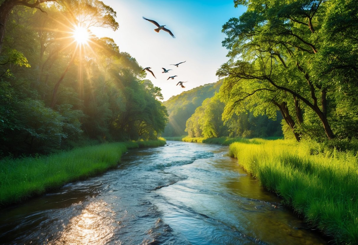 Ein ruhiger Fluss, der durch einen üppigen Wald fließt, mit Sonnenlicht, das durch die Bäume filtert, und Vögeln, die darüber fliegen.