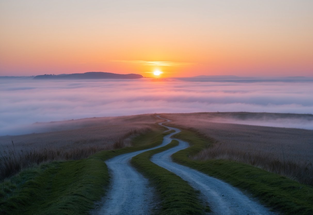 Ein Sonnenaufgang über einer ruhigen, nebligen Landschaft mit einem gewundenen Pfad, der in den entfernten Horizont führt.