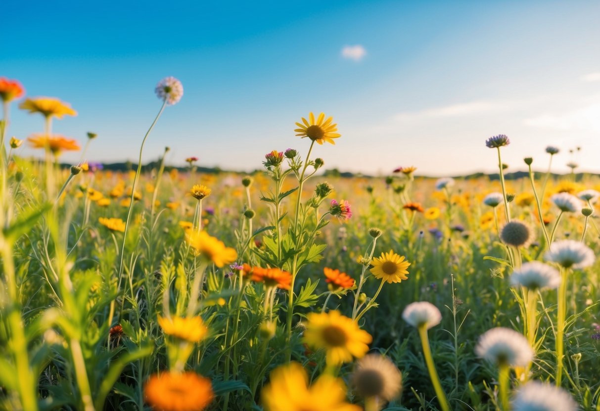 Eine ruhige und sonnige Wiese mit bunten Wildblumen und einem klaren blauen Himmel