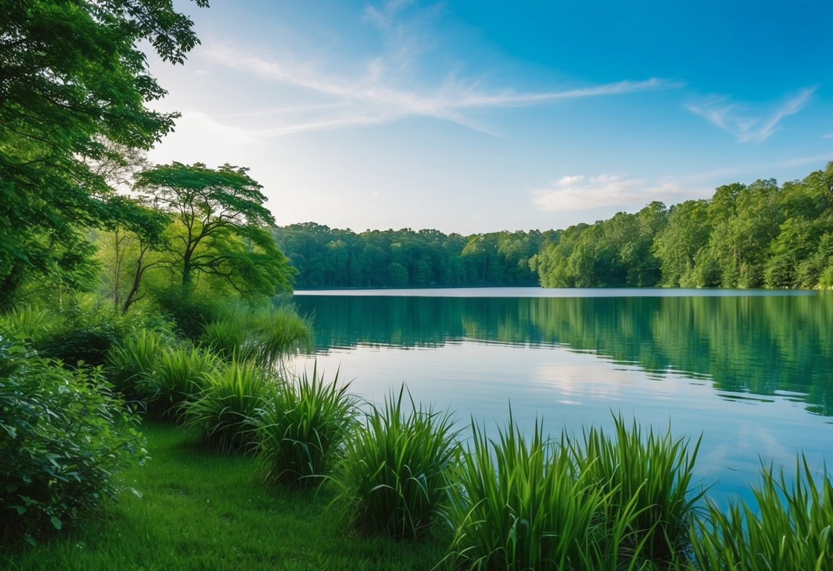 Eine friedliche Naturszene mit einem ruhigen See, umgeben von üppigem Grün und einem klaren blauen Himmel, der ein Gefühl von Frieden und mentaler Stärke hervorruft.