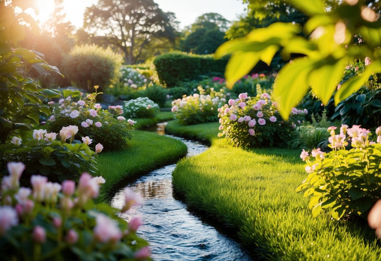 Ein ruhiger Garten mit blühenden Blumen und einem sanften Bach, umgeben von üppigem Grün und in warmes Sonnenlicht getaucht.