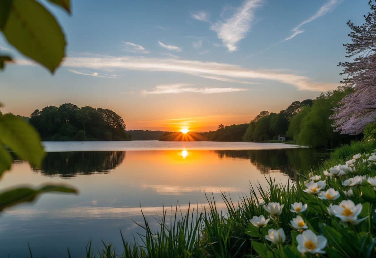 Ein ruhiger Sonnenuntergang über einem stillen, spiegelnden See, umgeben von üppigem Grün und blühenden Blumen