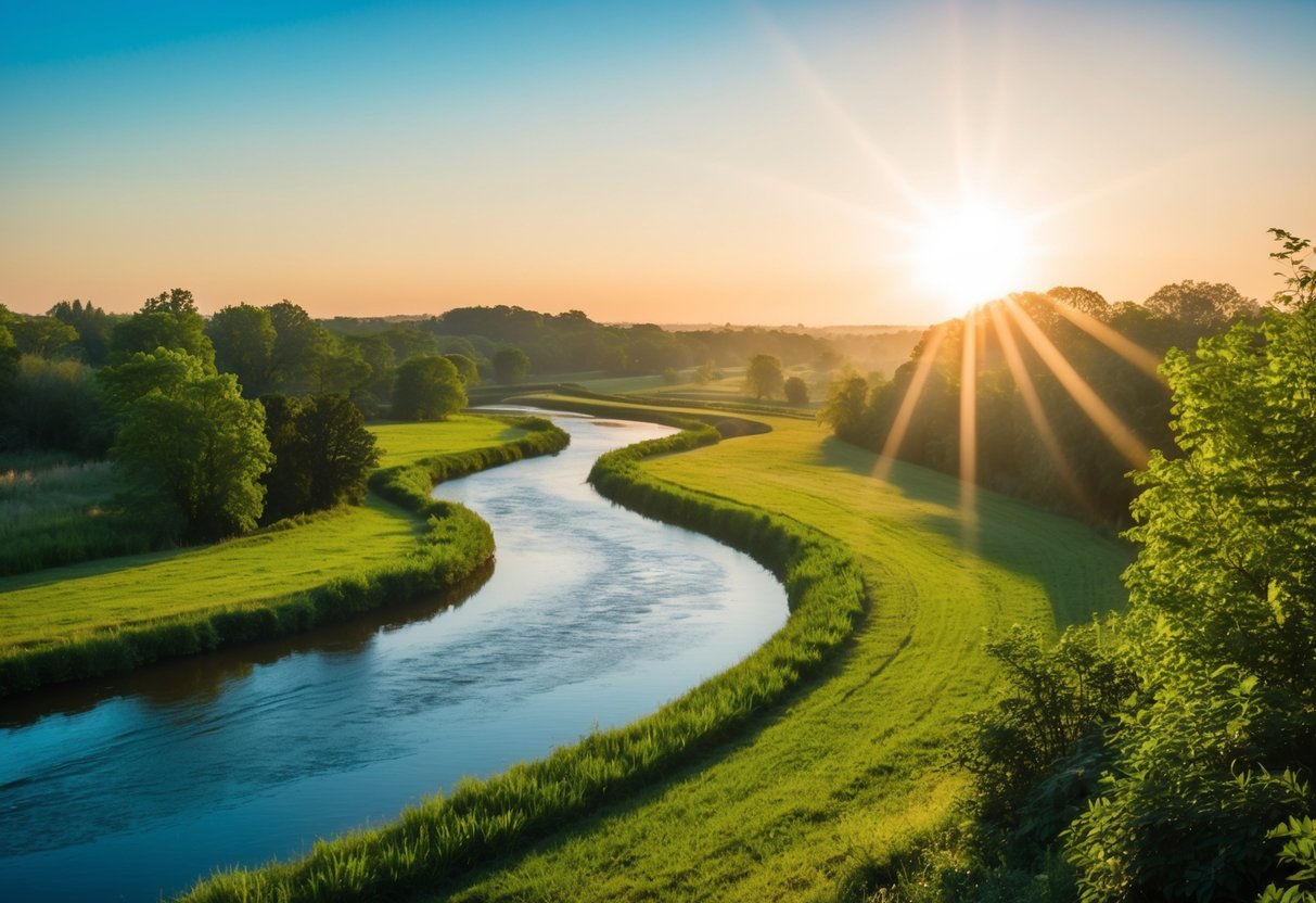 Eine friedliche Landschaft mit einem gewundenen Fluss, üppigem Grün und einer hellen Sonne, die herabstrahlt und ein Gefühl von Frieden und Vertrauen in den natürlichen Prozess des Lebens hervorruft.