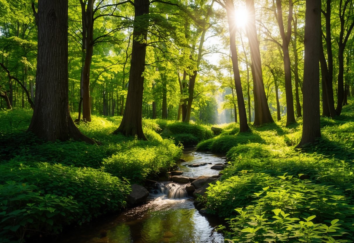 Ein ruhiger Wald, in dem Sonnenlicht durch die Bäume filtert und gesprenkelte Schatten auf den Boden wirft. Ein kleiner Bach plätschert friedlich durch die Szene, umgeben von lebhaftem grünen Laub.