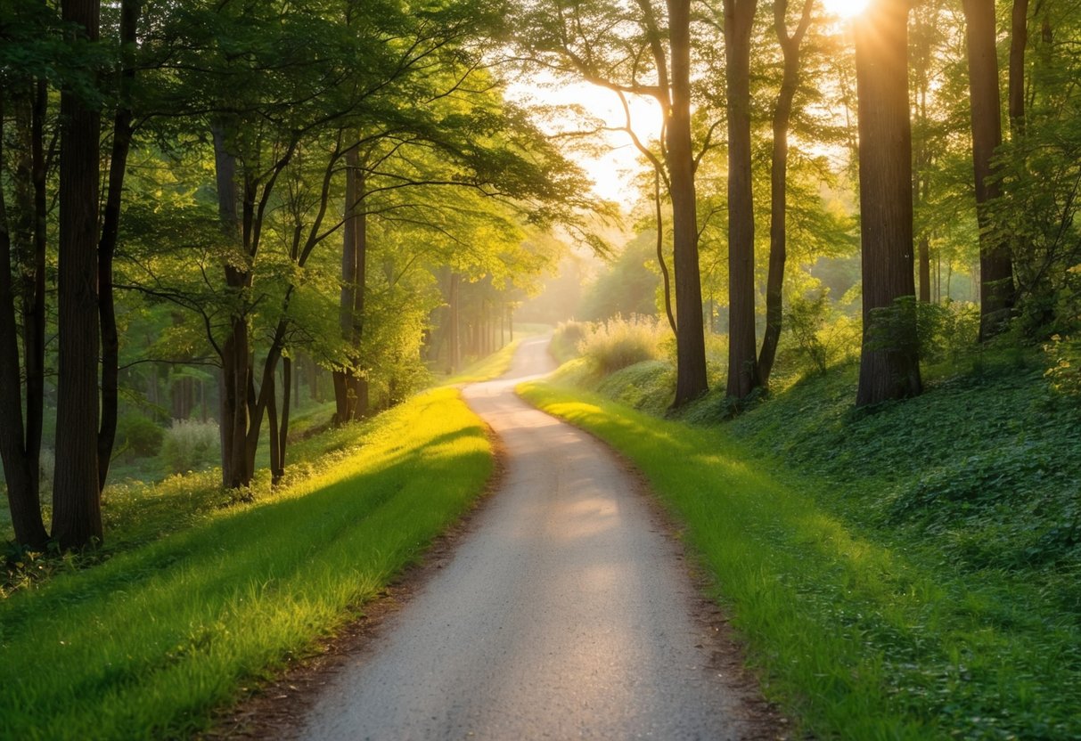 Ein ruhiger Pfad, der sich durch einen friedlichen Wald windet, mit Sonnenlicht, das durch die Bäume filtert und einen warmen Schein auf das umliegende Laub wirft.