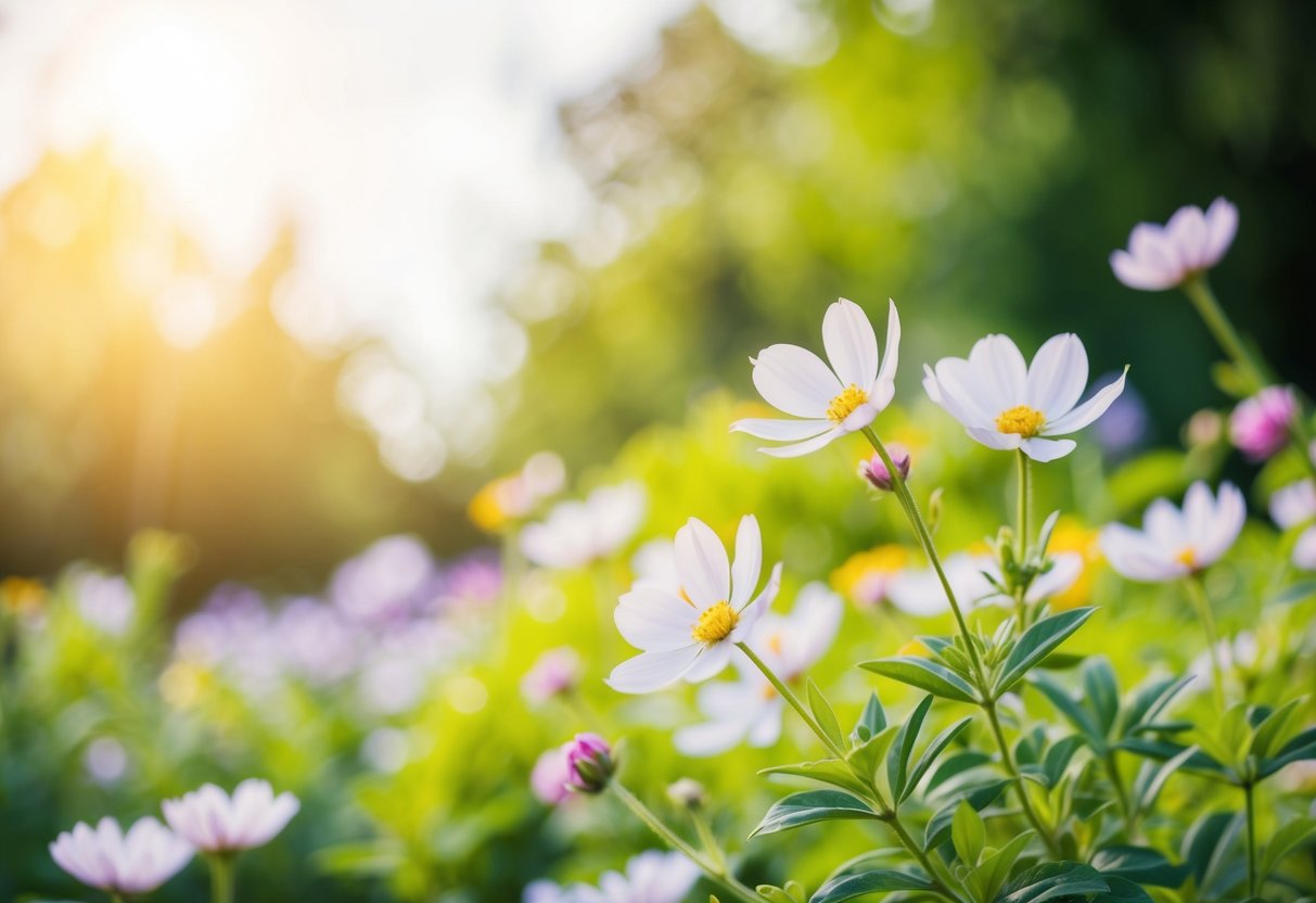 Ein ruhiger Garten mit blühenden Blumen und einer sanften Brise, die Frieden und Glück hervorruft.