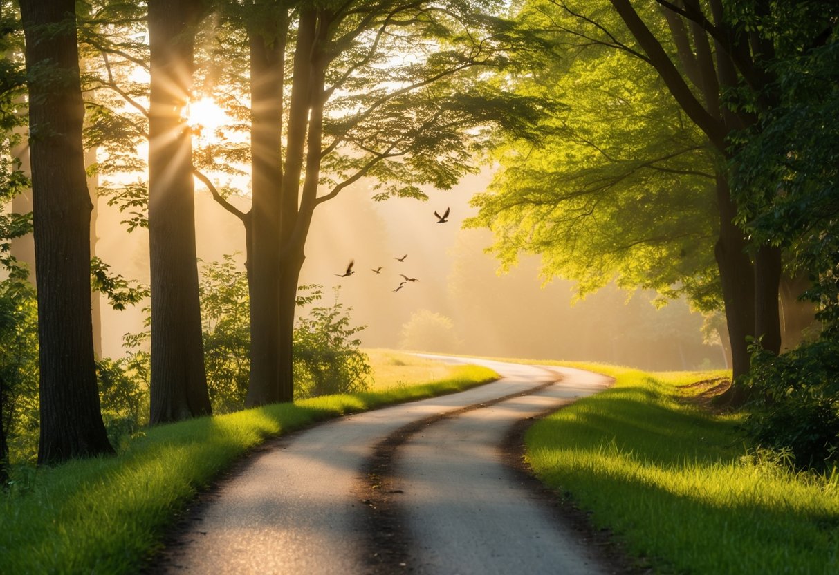 Ein ruhiger Pfad, der sich durch einen friedlichen Wald schlängelt, mit Sonnenlicht, das durch die Bäume filtert, und Vögeln, die in der Ferne zwitschern.