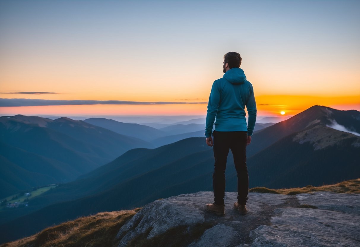 Eine Person steht auf einem Berggipfel und schaut auf einen wunderschönen Sonnenuntergang über ein ruhiges Tal.