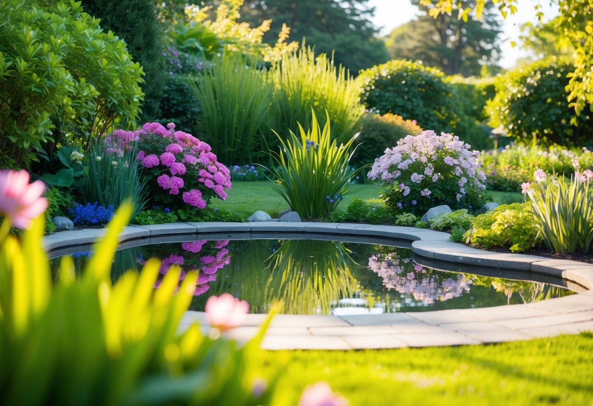 Ein ruhiger Garten mit blühenden Blumen und einem friedlichen Teich, umgeben von üppigem Grün und in warmes Sonnenlicht getaucht.