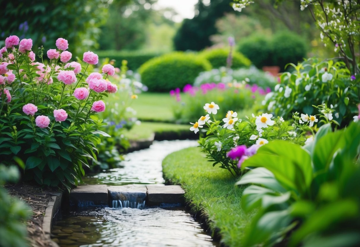 Ein ruhiger Garten mit blühenden Blumen und einem sanften Bach, umgeben von beruhigendem Grün.