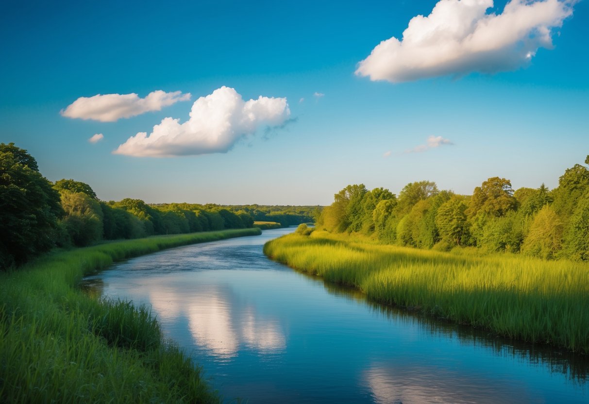 Eine ruhige Landschaft mit einem sanften Fluss, der durch üppiges Grün fließt, unter einem klaren blauen Himmel mit ein paar flauschigen weißen Wolken.