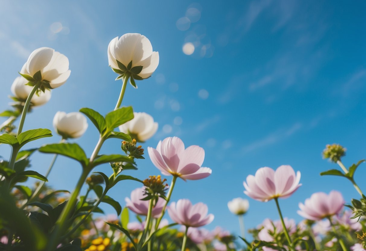 Ein ruhiger Garten mit blühenden Blumen und einem klaren blauen Himmel, der Liebe und Glück symbolisiert.