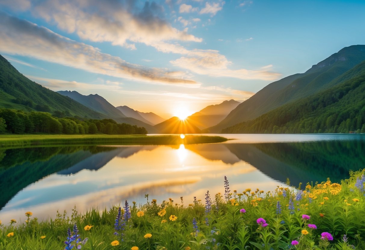 Ein Sonnenaufgang über einem ruhigen See, umgeben von üppigen grünen Bergen und bunten Wildblumen