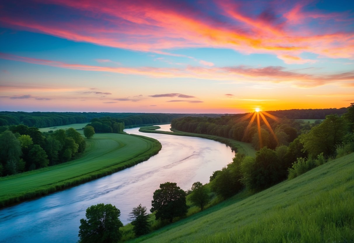 Eine friedliche Landschaft mit einem gewundenen Fluss, üppigem Grün und einem lebhaften Sonnenuntergangshimmel