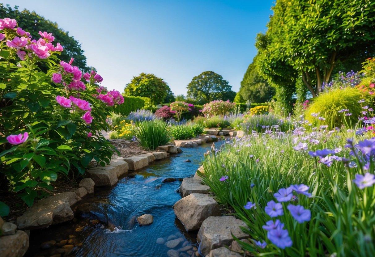 Ein ruhiger Garten mit blühenden Blumen und einem friedlichen Bach, der hindurchfließt, umgeben von üppigem Grün und einem klaren blauen Himmel darüber.