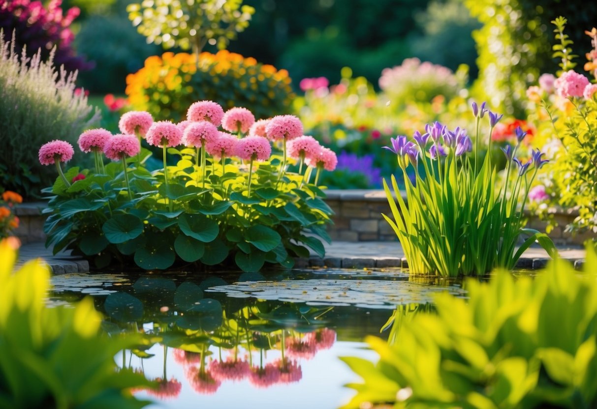 Ein ruhiger, sonnendurchfluteter Garten mit lebhaften Blumen und einem friedlichen Teich