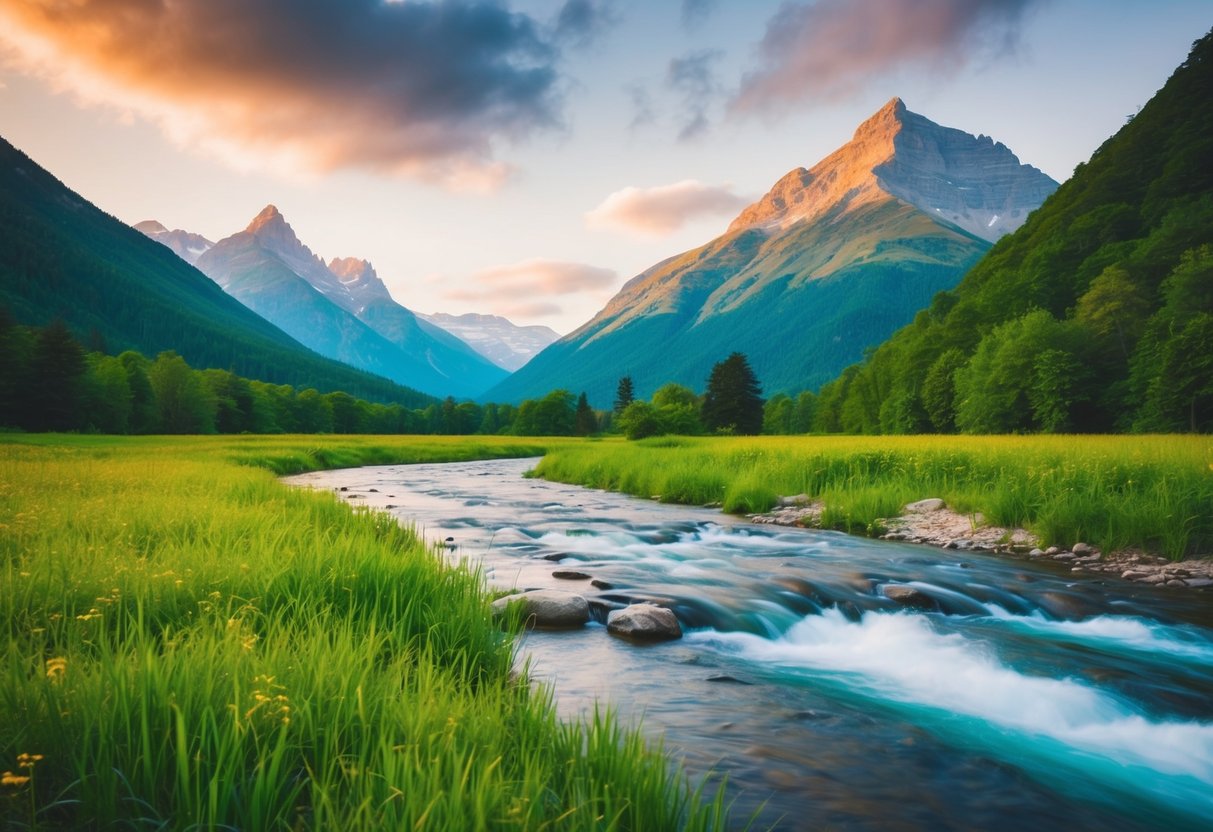 Eine ruhige Berglandschaft mit einem fließenden Fluss und lebendiger Vegetation, die Befreiung und Erfüllung symbolisiert.